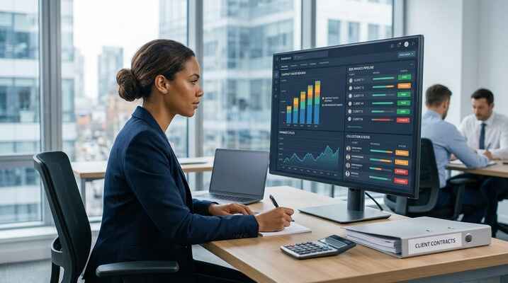A professional billing specialist reviews complex B2B invoice data and payment cycles on a digital dashboard, with a "Client Contracts" folder nearby in a modern office.