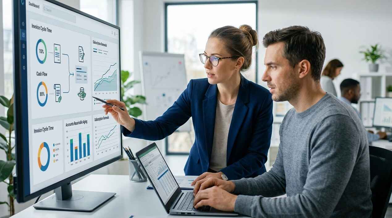 External finance consultant reviewing automated subscription invoicing and accounts receivable dashboard with a B2B SaaS founder.