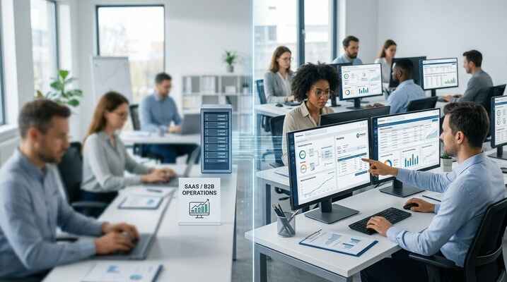 A collaborative team of remote billing specialists and accountants managing complex B2B subscription data, invoices, and accounts receivable dashboards in a modern office environment.