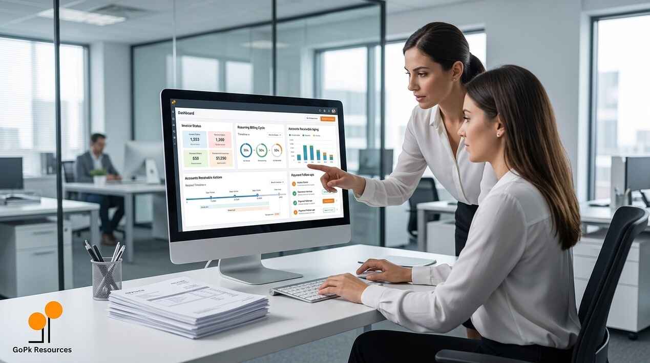 Two finance professionals reviewing recurring billing cycles, accounts receivable aging, and invoice statuses on a desktop dashboard in a modern office.