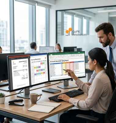 Dedicated billing professionals analyzing accounts receivable aging reports, recurring billing schedules, and subscription invoices on dual monitors.